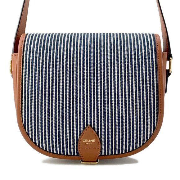 CELINE White and Blue Stripe Shoulder Bag with Brown Leather Straps - Picture 1 of 16